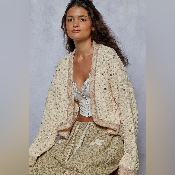POL Cream Cable Knit Beaded Lace Cardigan - Picture 1 of 3